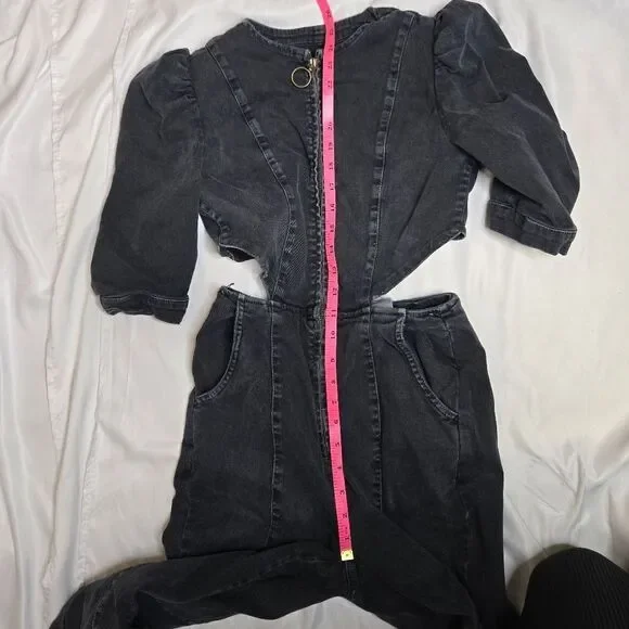 RETROFETE‎ black denim puff sleeve Kiara utility jumpsuit XS